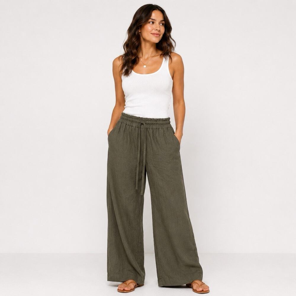 Tyler Böe Women’s Olive Green Linen Wide Leg Pull-On Pants Elastic Waist Size XS